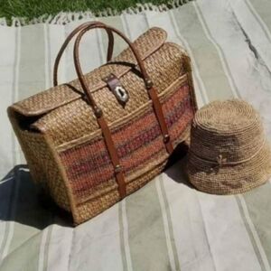 Vintage Weaved Wicker Oversized Bag with Leather Handles